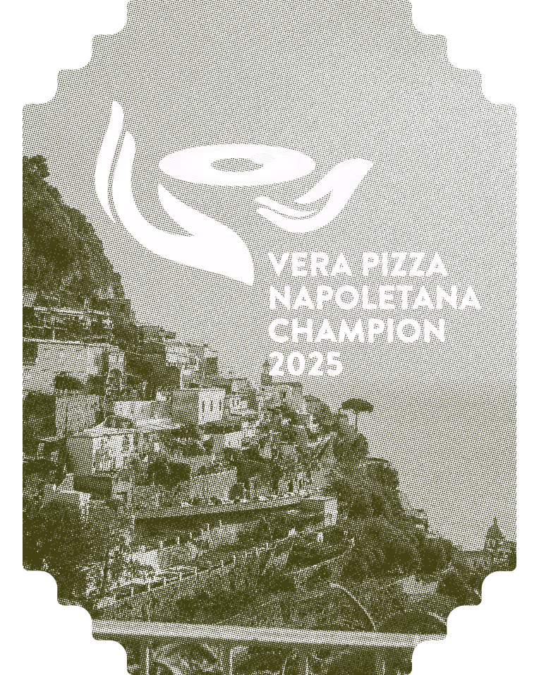 Logo with stylized hands holding a Neapolitan pizza dough and text 'Vera Pizza Napoletana Champion 2025'.