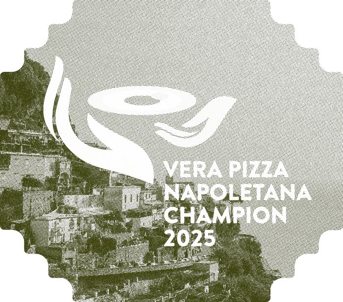 Logo with stylized hands holding a Neapolitan pizza dough and text 'Vera Pizza Napoletana Champion 2025'.