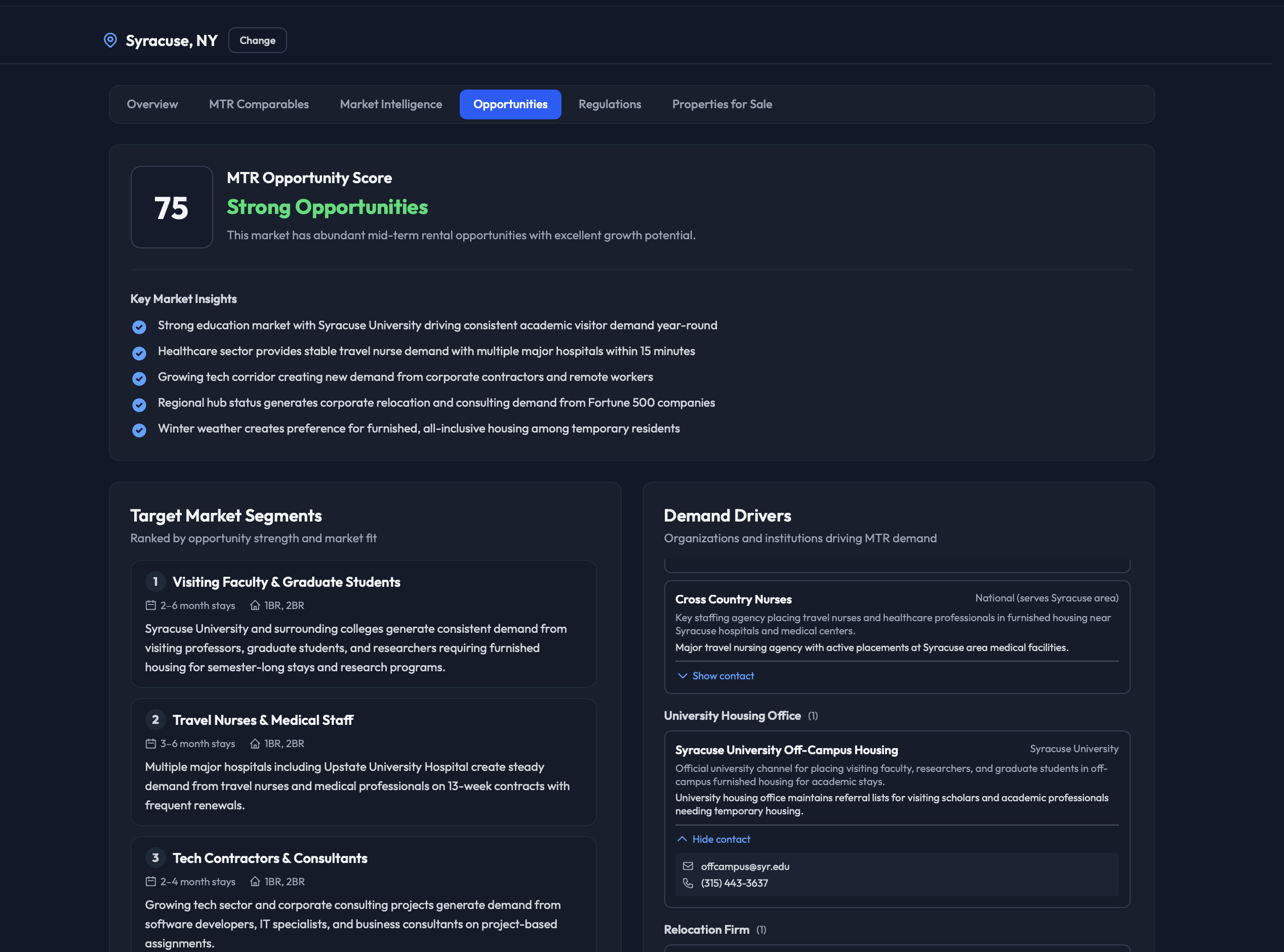 MTR Analytics Opportunities tab showing demand drivers including hospitals, universities, and employers with contact information, an MTR Opportunity Score of 78 out of 100, and a project timeline with upcoming construction and corporate developments