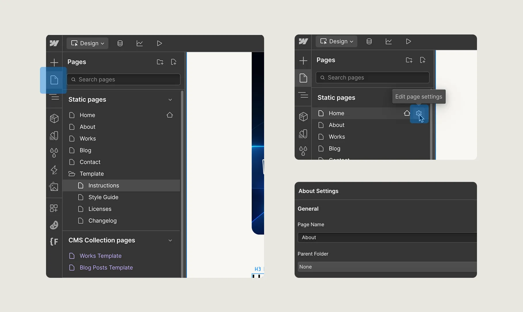 Screenshot of a web design interface showing a sidebar with sections for Pages including Static pages such as Home, About, Works, Blog, Contact, Template with subpages, and CMS Collection pages with templates, along with an Edit page settings tooltip and About Settings panel showing page name and parent folder fields.
