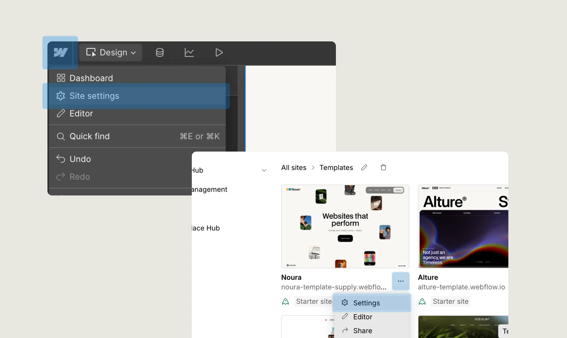 Webflow interface displaying the Design menu with Site settings highlighted and a Templates page showing different website templates.