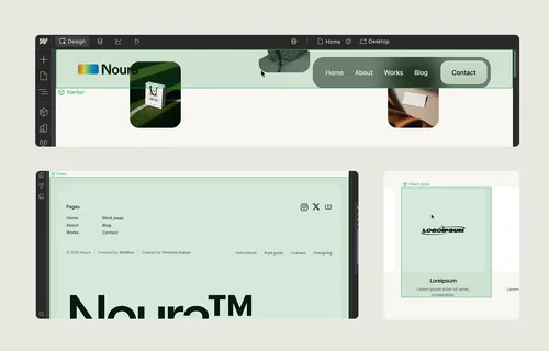 User interface design mockup showing a website layout with a navigation bar, pages list, and a logo placeholder on a light background.