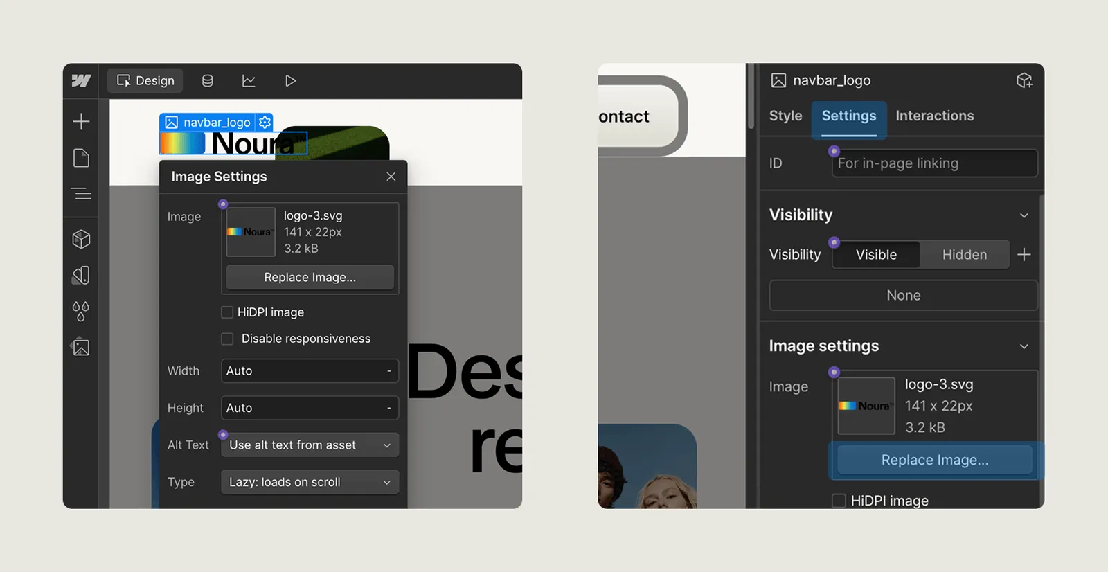 Screenshot of a design software interface showing 'navbar_logo' image settings and replacement options for logo-3.svg.