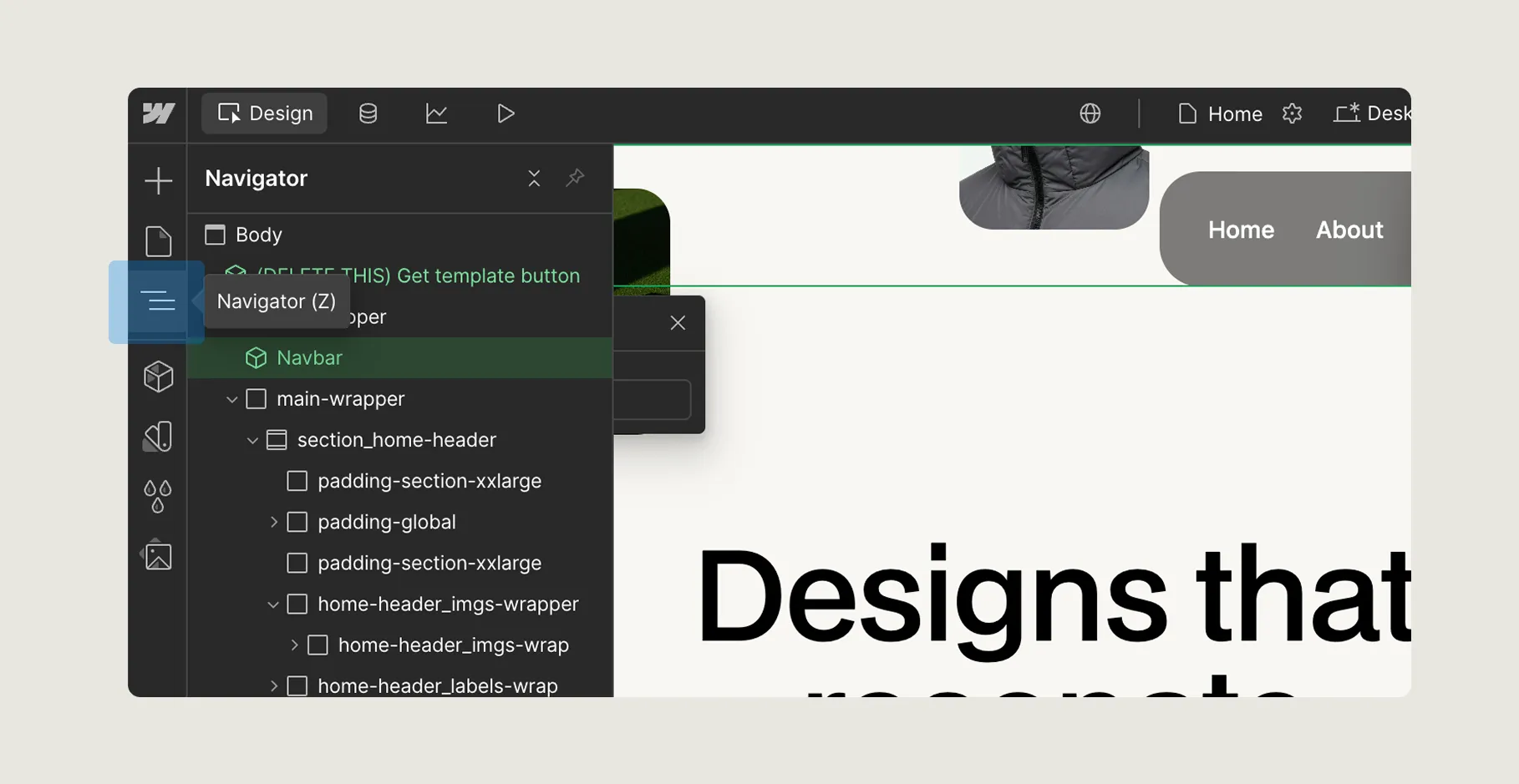 Web design interface showing a navigator panel with nested site elements and a partially visible webpage with navigation menu options Home and About.