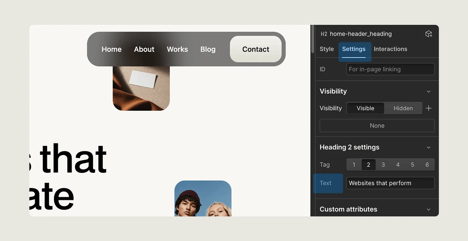 Website editor interface showing navigation menu with Home, About, Works, Blog, Contact tabs and heading settings panel with tag and text options.