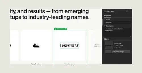 Screenshot showing a client block interface with three logo placeholders labeled 'Lorempsum' and a properties panel displaying text fields and logo details.