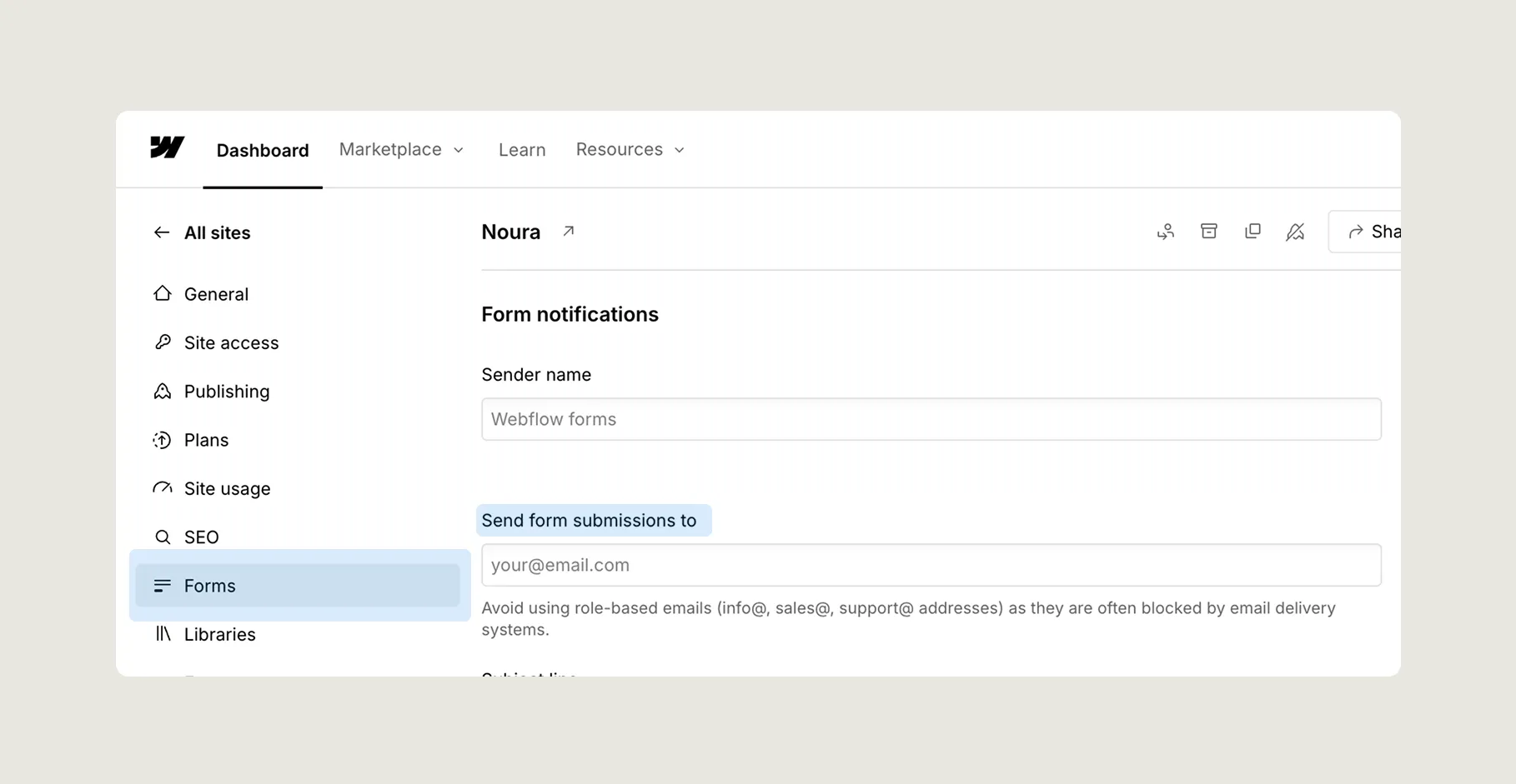 Dashboard interface displaying form notification settings with sender name as 'Webflow forms' and an input box to send form submissions to an email address.