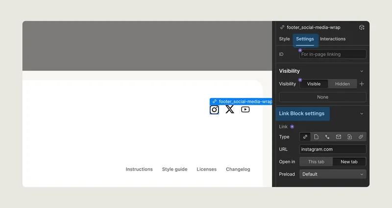 User interface showing settings for a footer social media link block with Instagram URL and visibility options.