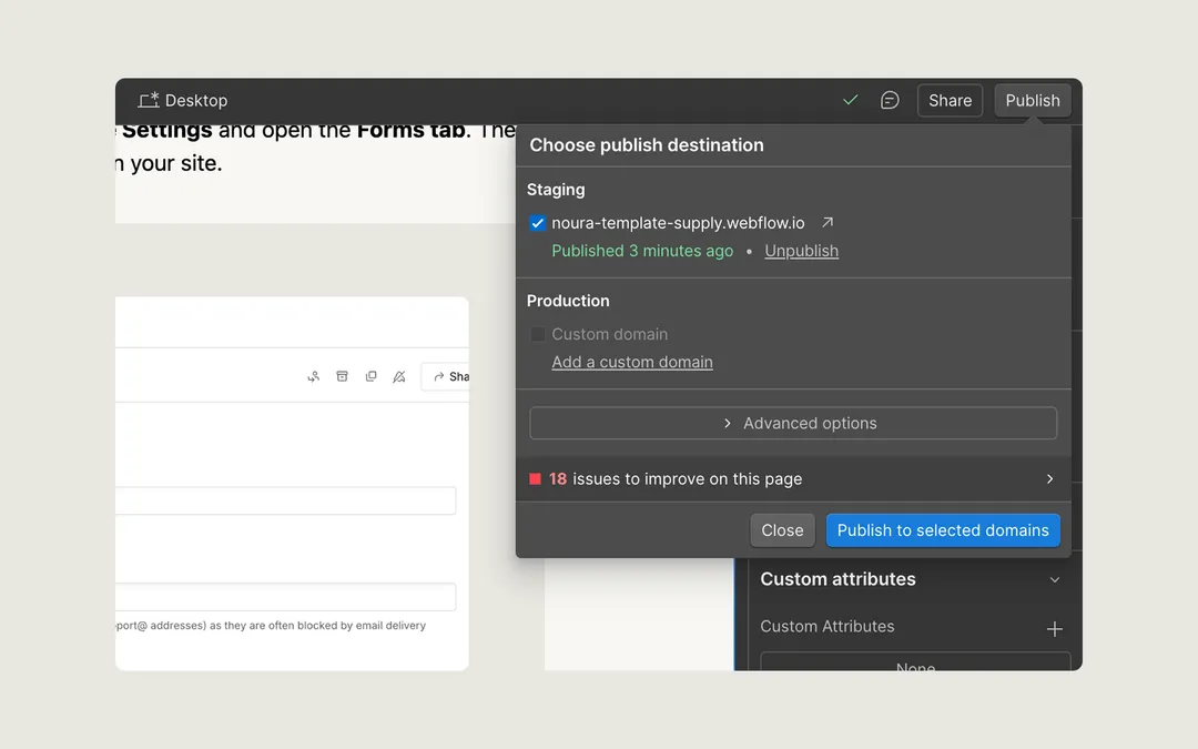 Webflow publish settings window showing staging site noura-template-supply.webflow.io published 3 minutes ago with option to publish to selected domains and 18 issues to improve on this page.