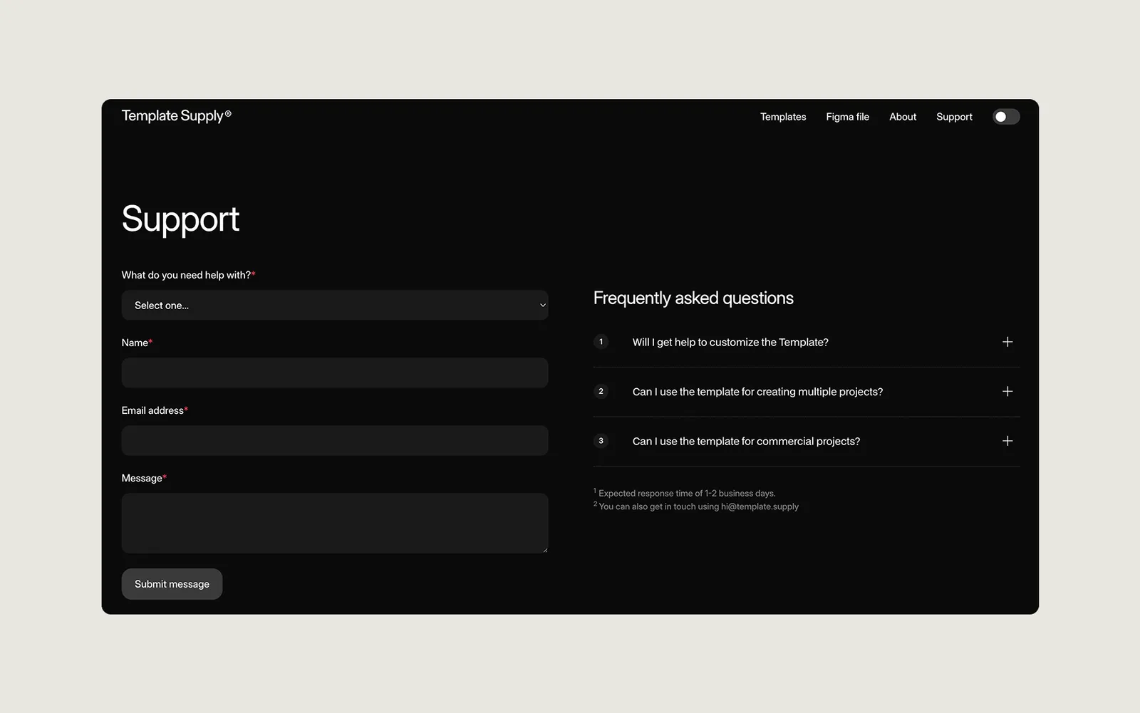 Dark themed support page with a contact form on the left and frequently asked questions on the right.