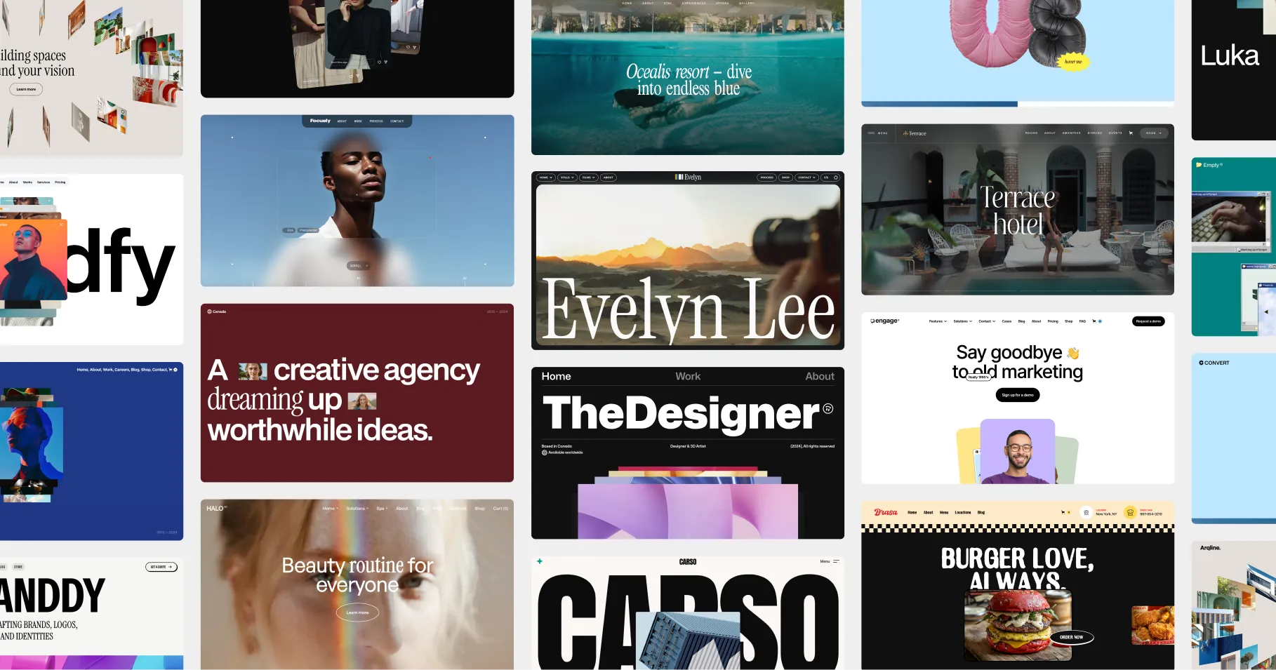 Collage of various website homepage designs showcasing creative agency, photography, hotel, marketing, beauty, and food themes.