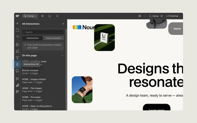 Screenshot of a design interface showing interaction settings and a webpage preview with the text 'Designs that resonate' and images of a hand wearing a smartwatch and a branded item on grass.