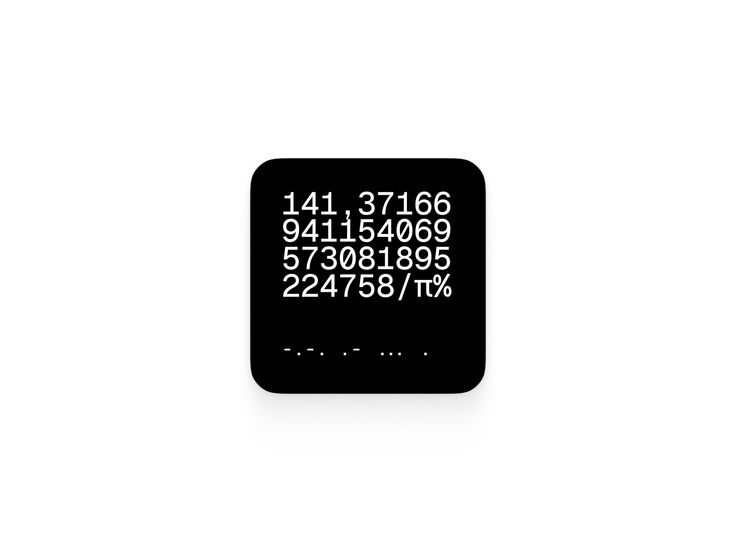Black square with white text showing a sequence of numbers '141,37166 941154069 573081895 224758/π%' and small dots below resembling Morse code.