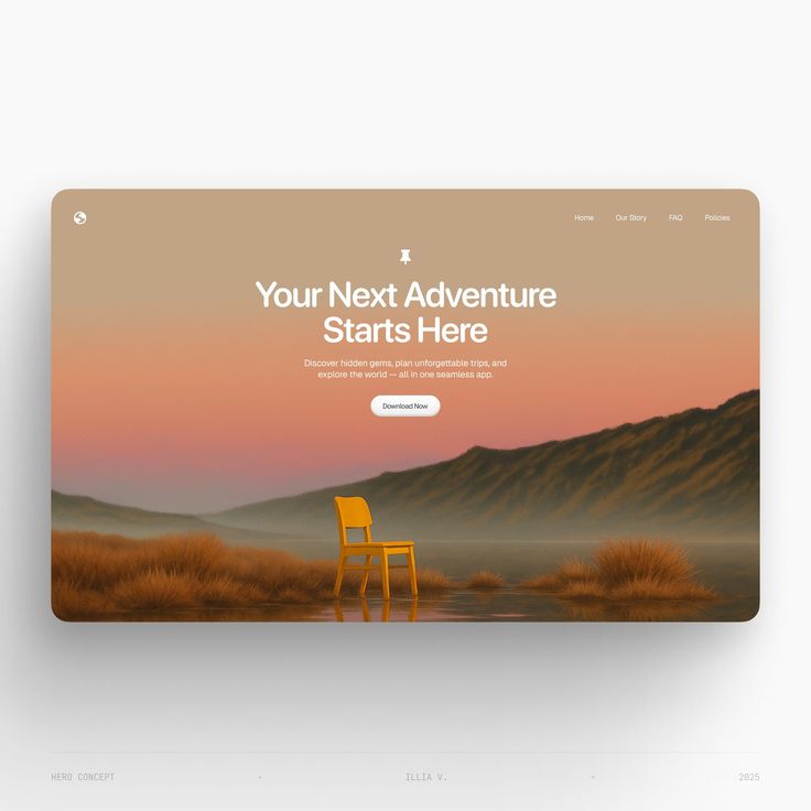 Website landing page with a yellow chair in a misty field at sunset and text inviting to start an adventure.