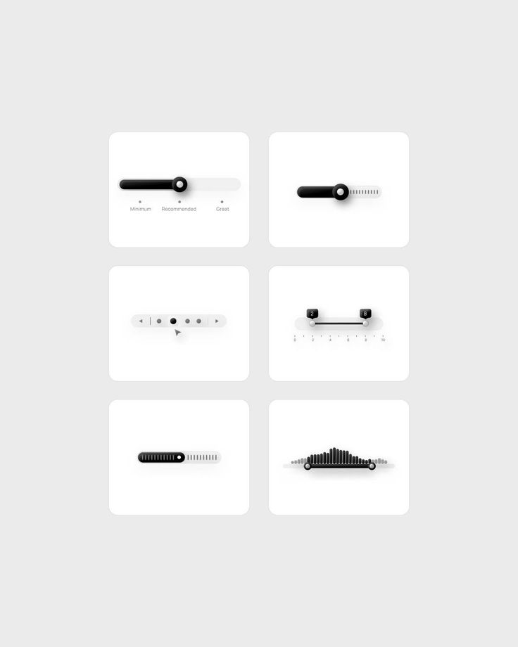 Set of six black and white slider UI components showing various slider styles, including single and range sliders, dot-based navigation, and volume or data bars.
