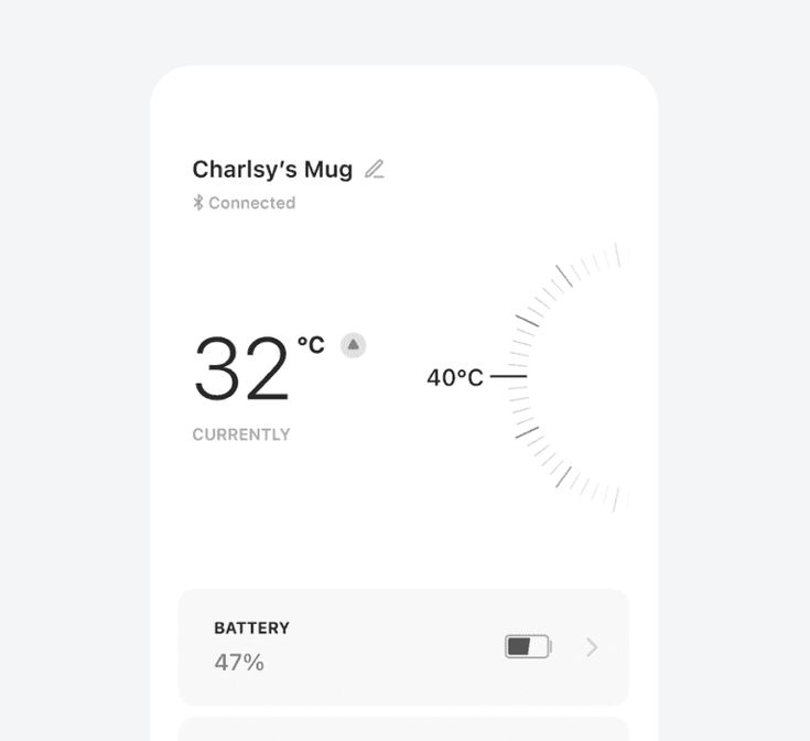 Digital display showing 'Charlsy's Mug' connected via Bluetooth, current temperature 32°C, battery at 47%.