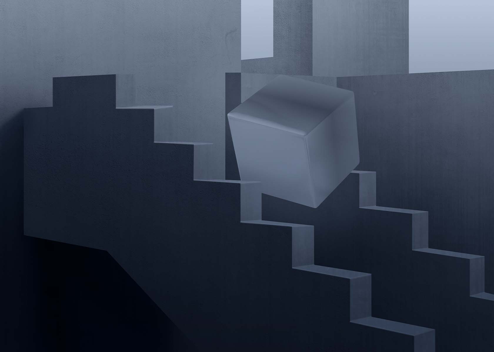 A smooth, grey cube floating above a dark, angular staircase and surrounded by large concrete-like blocks in a minimalistic scene.