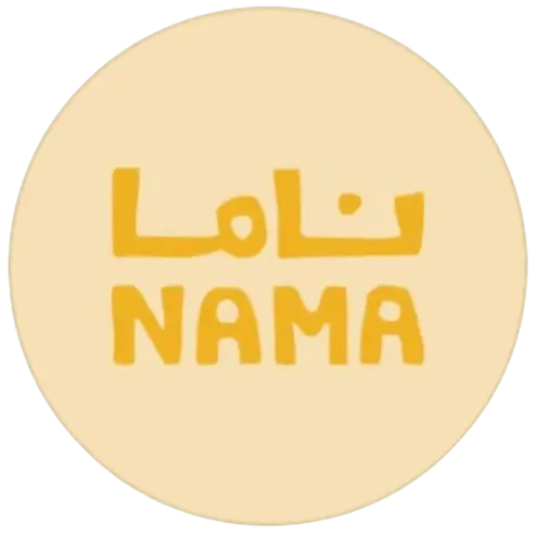 Circular logo with the word 'NAMA' in stylized yellow font on a light beige background, accompanied by Arabic text above it.
