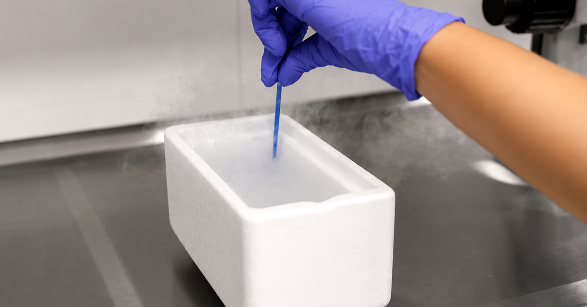 Fertility laboratory professional handling a cryogenic sample during IVF treatment