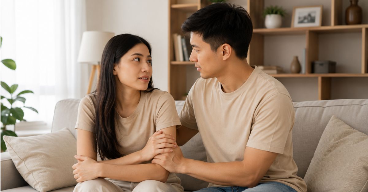 Filipino couple discussing the emotional experience of fertility treatment