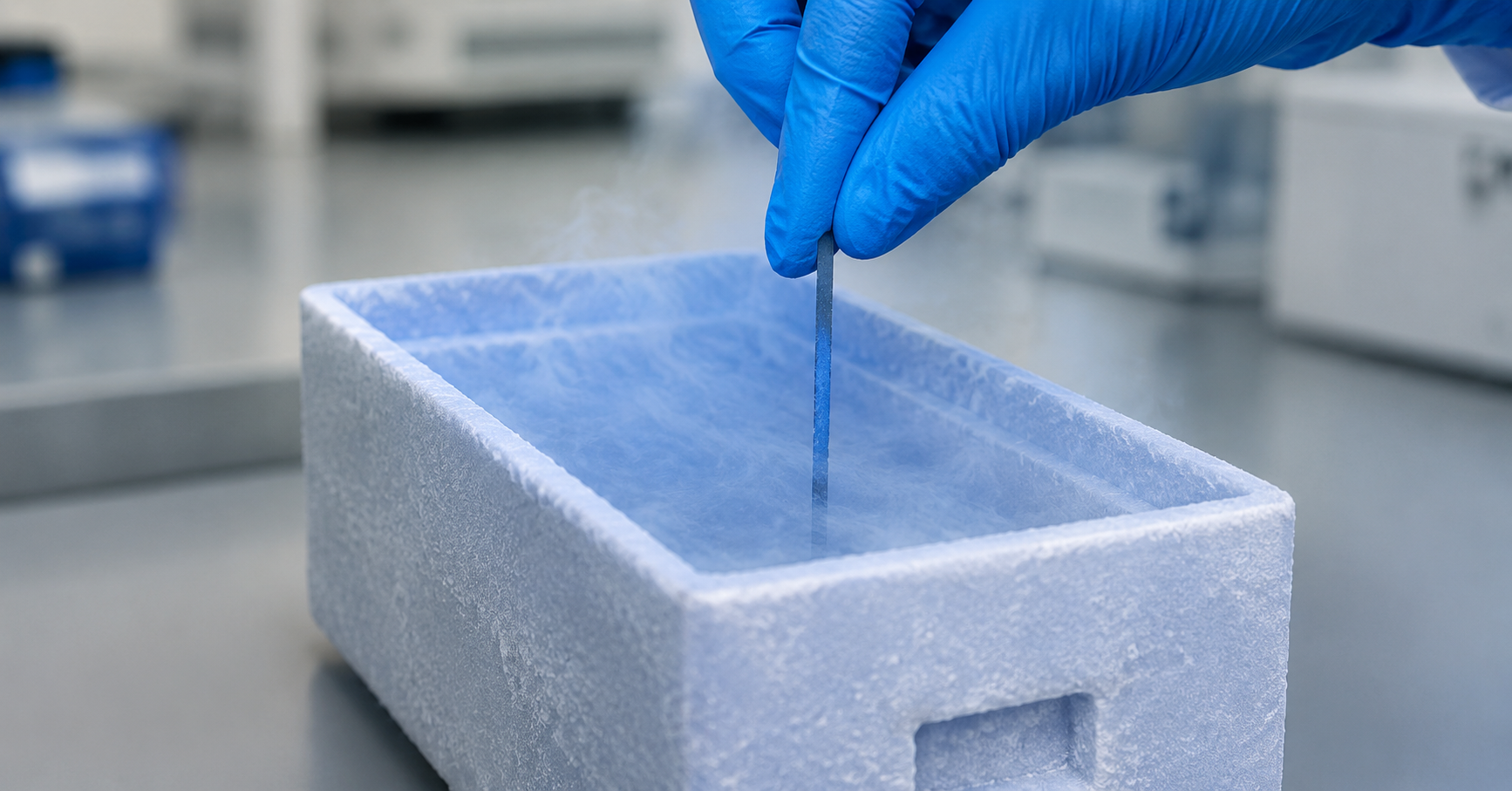 Laboratory technician wearing blue gloves handling a sample in a cryogenic storage container for fertility preservation.