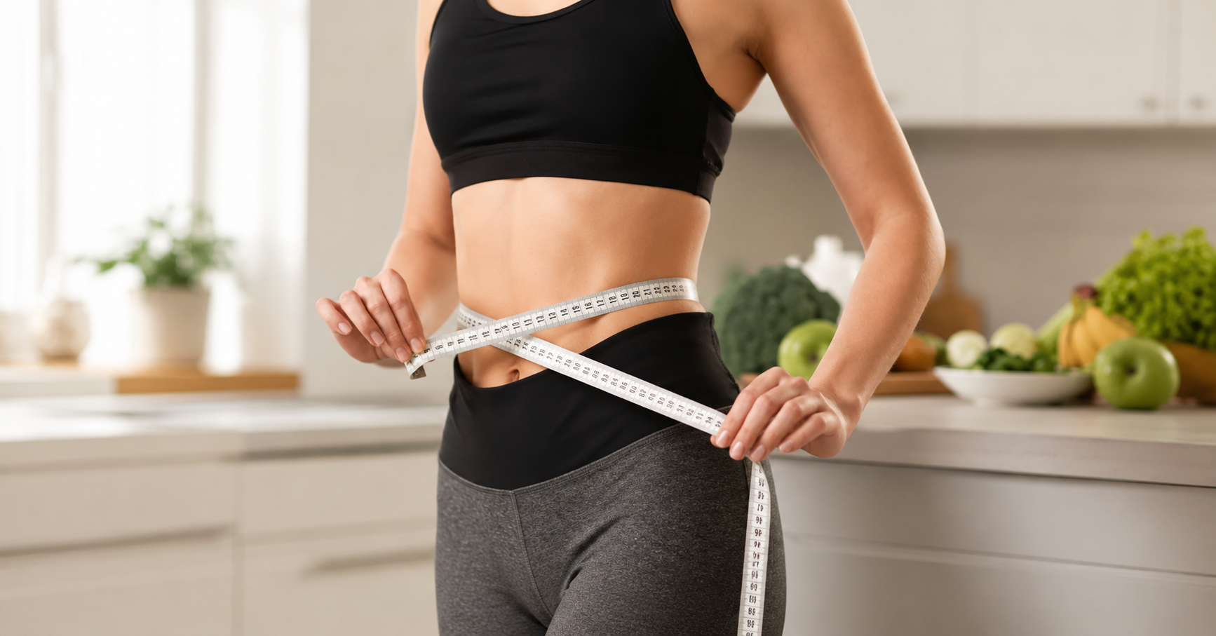 Woman in activewear measuring her waist with a tape measure in a bright kitchen with fresh fruits and vegetables.