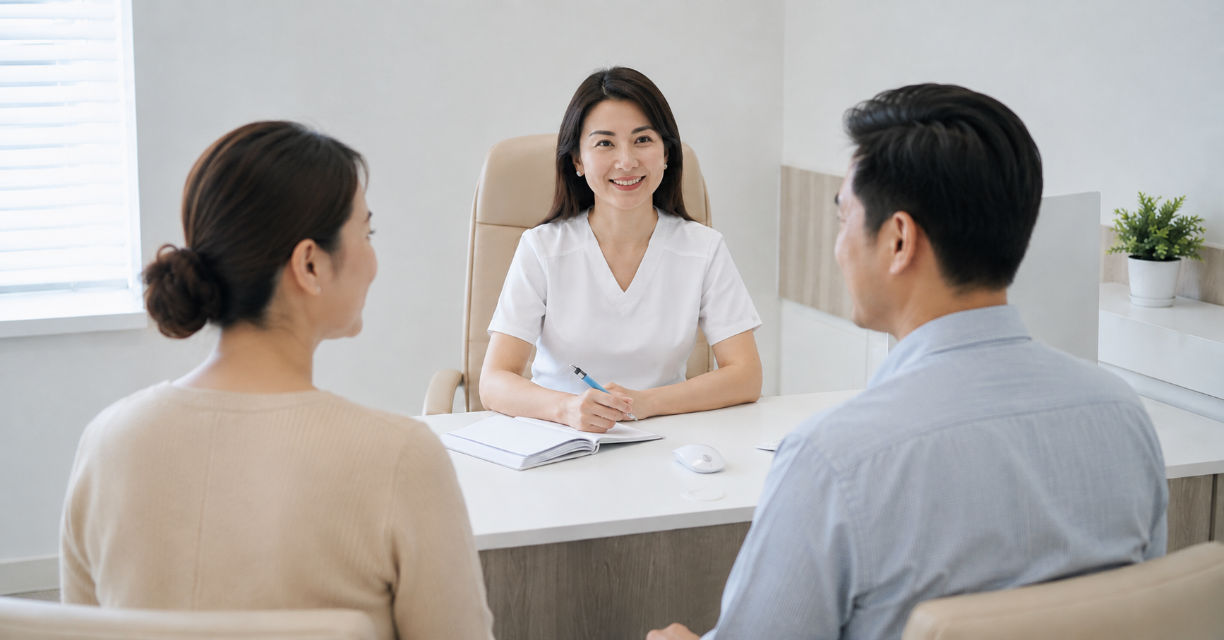 Fertility specialist meeting with a couple during a consultation in a bright, modern clinic