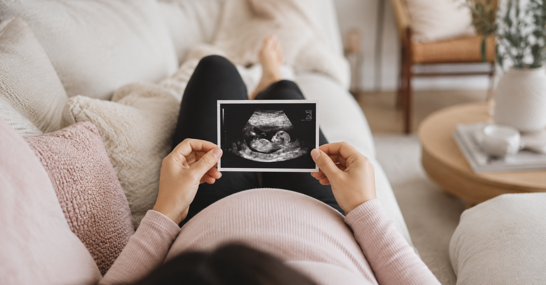 Pregnant woman relaxing on a sofa while holding an ultrasound image of her baby in a warm, softly lit home setting.