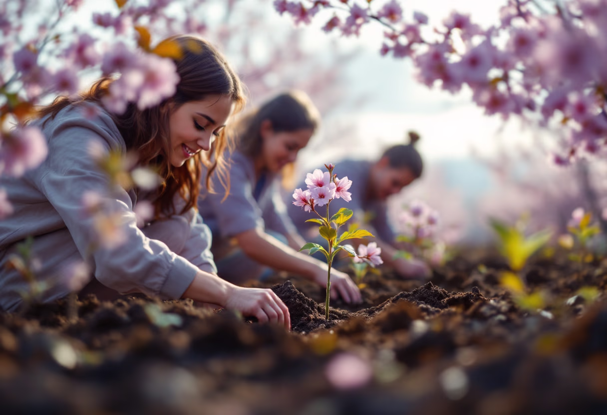 image showing volunteers planting trees, promoting sustainability at an ethereal volunteer event