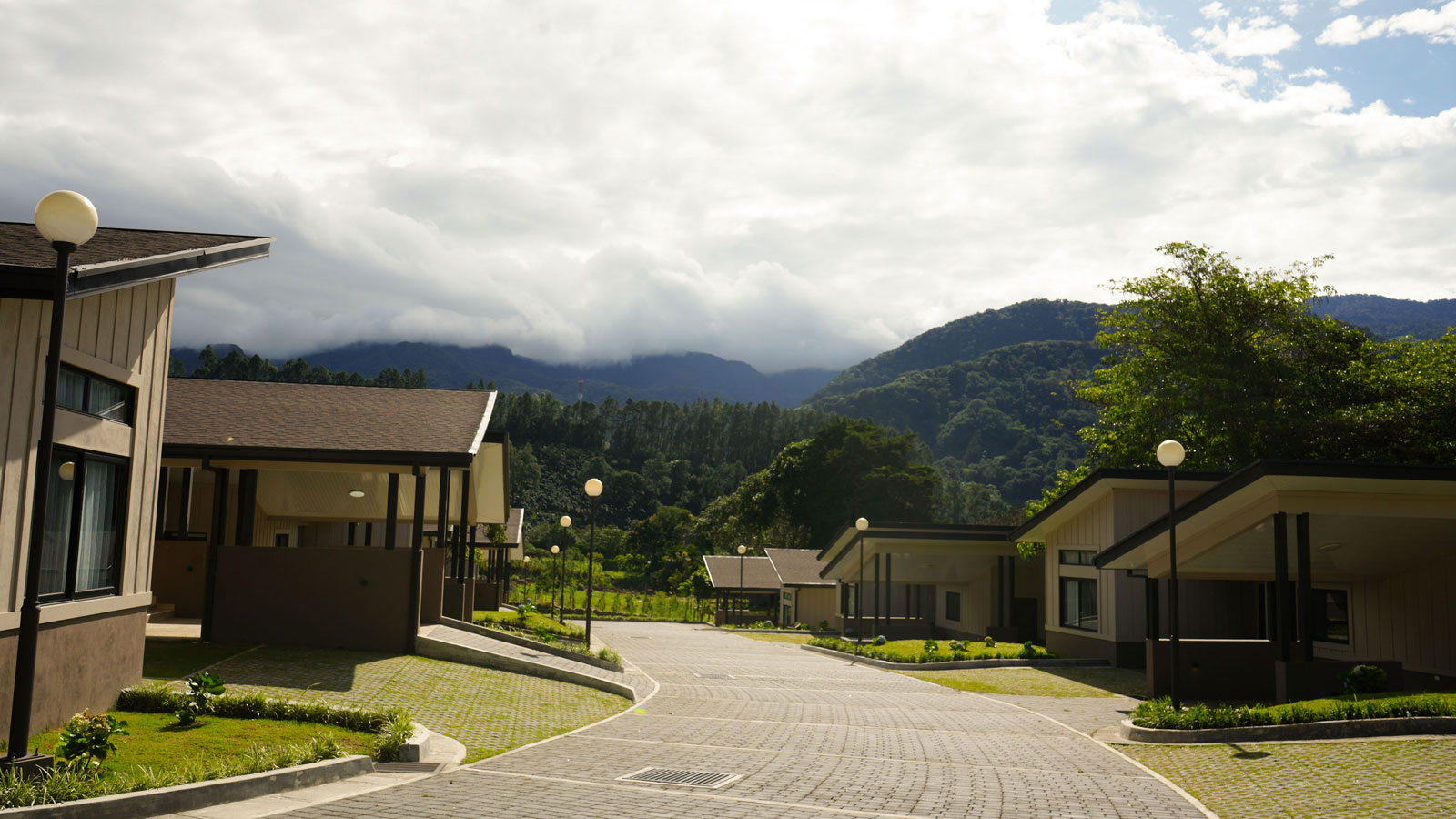 Casas modernas con techos inclinados a lo largo de una calle pavimentada, rodeadas de árboles verdes y montañas bajo un cielo nublado.