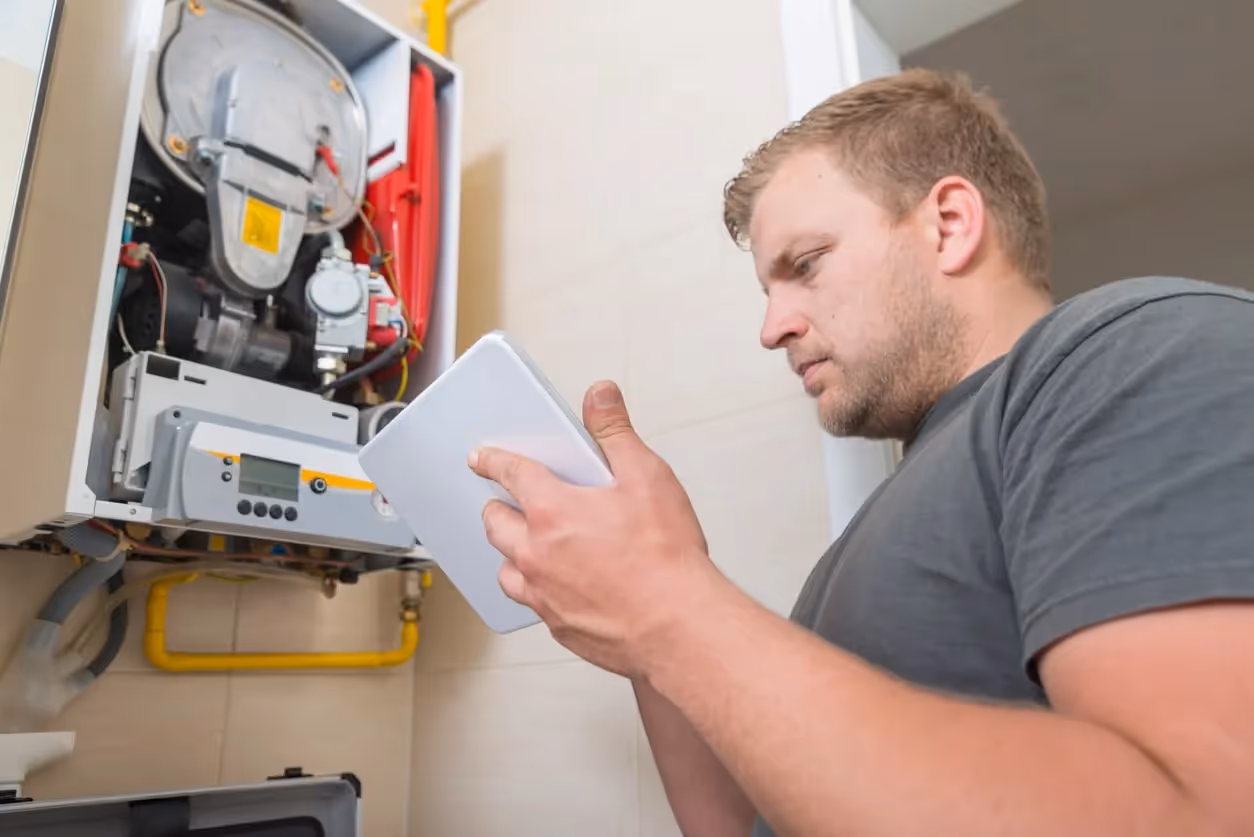 Technician using a flashlight to inspect electrical wiring and components inside an open furnace