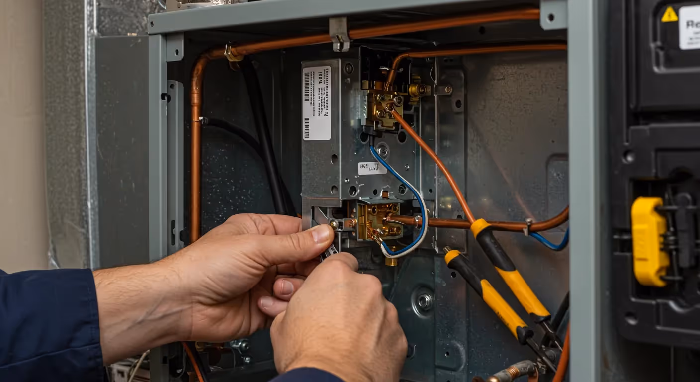 A close-up shot of a technician's hands carefully adjusting wiring and copper pipes inside a furnace.