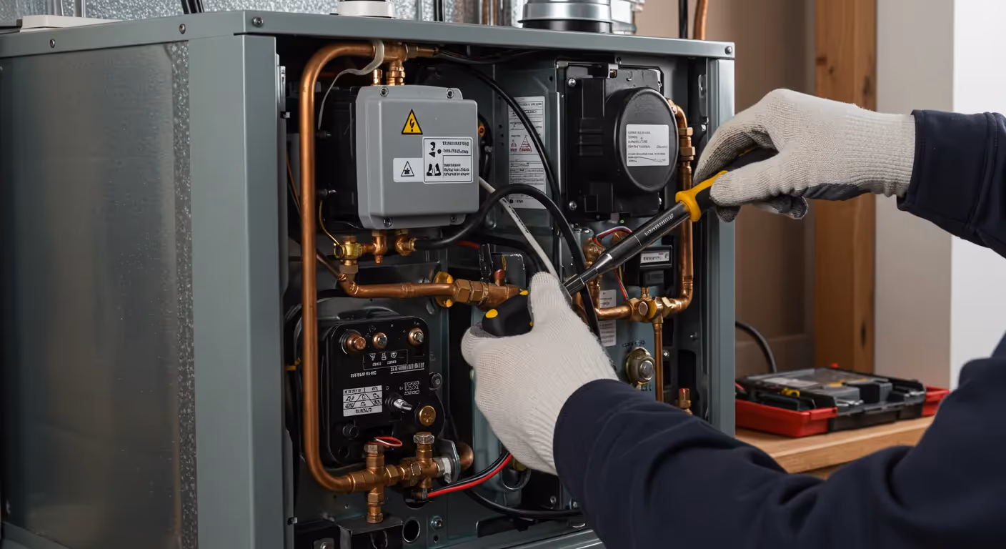A technician wearing white and gray gloves uses two small tools to work on the internal wiring and copper pipes of a furnace.