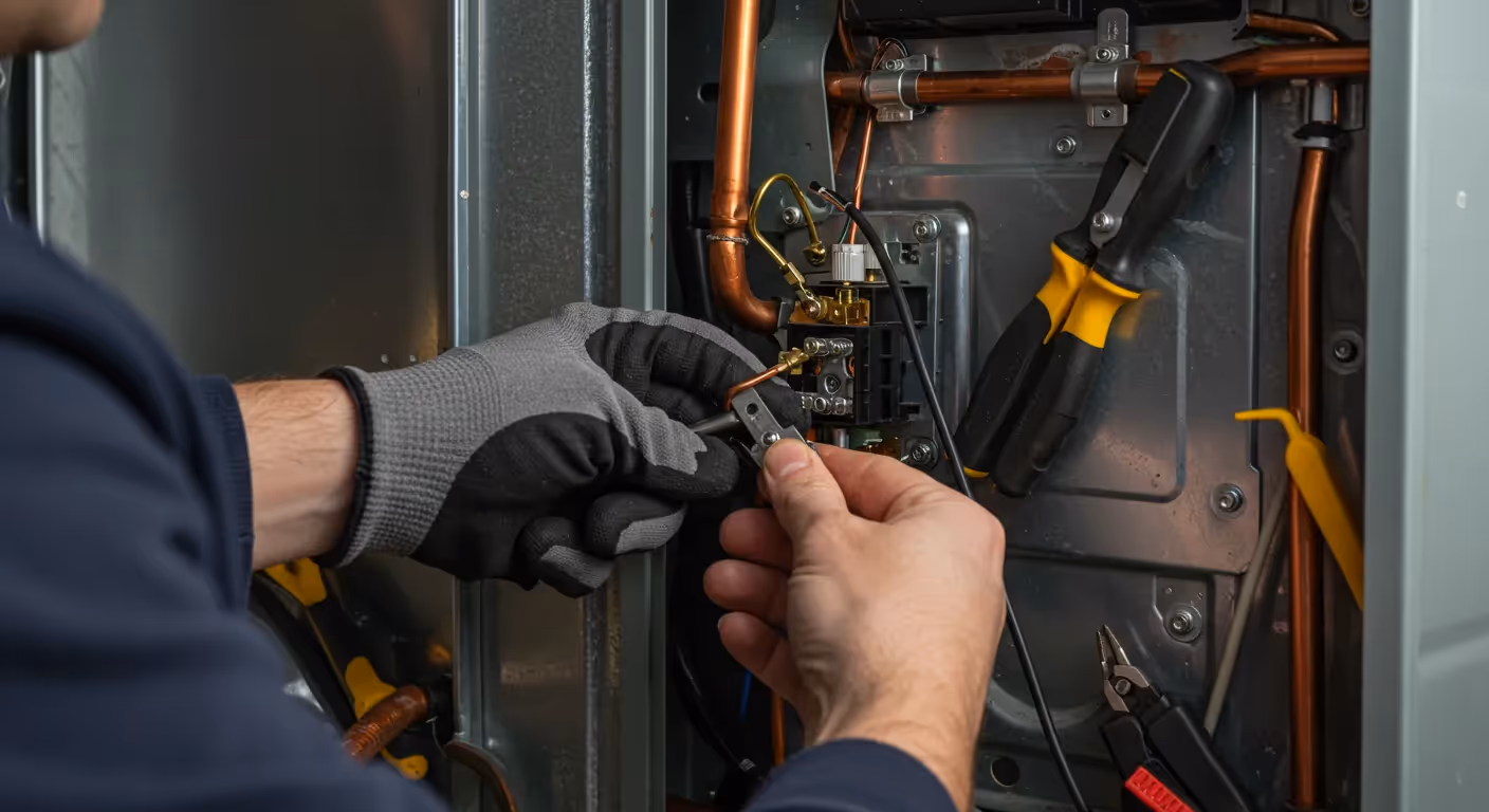 A close-up of a technician's gloved hands pulling a fuse from a furnace's wiring.