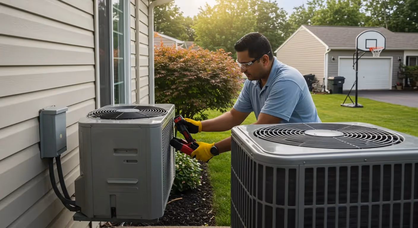 Technician servicing residential outdoor air conditioning units.