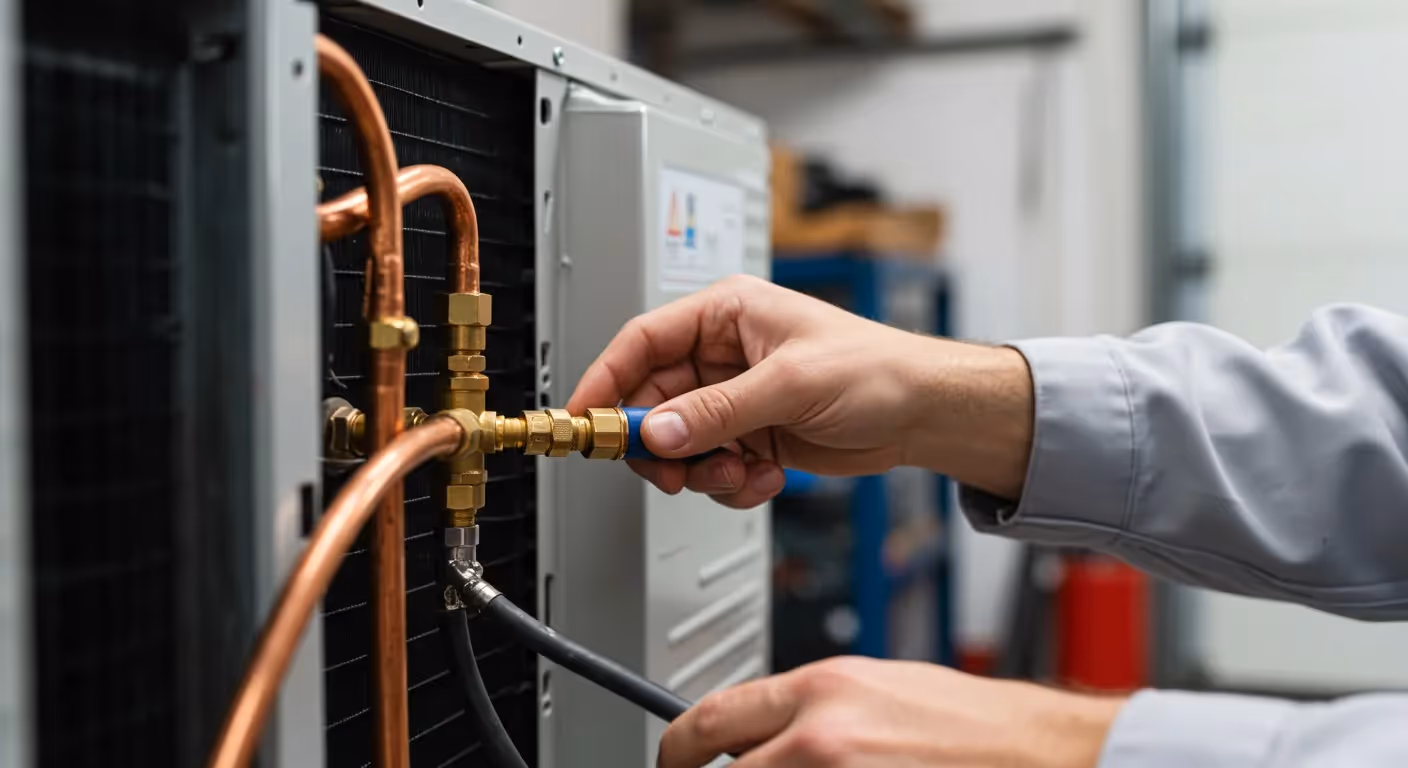 HVAC technician connecting refrigerant lines outdoors.