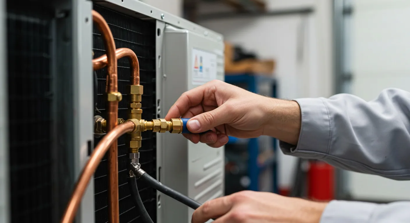 HVAC technician connecting refrigerant lines outdoors.