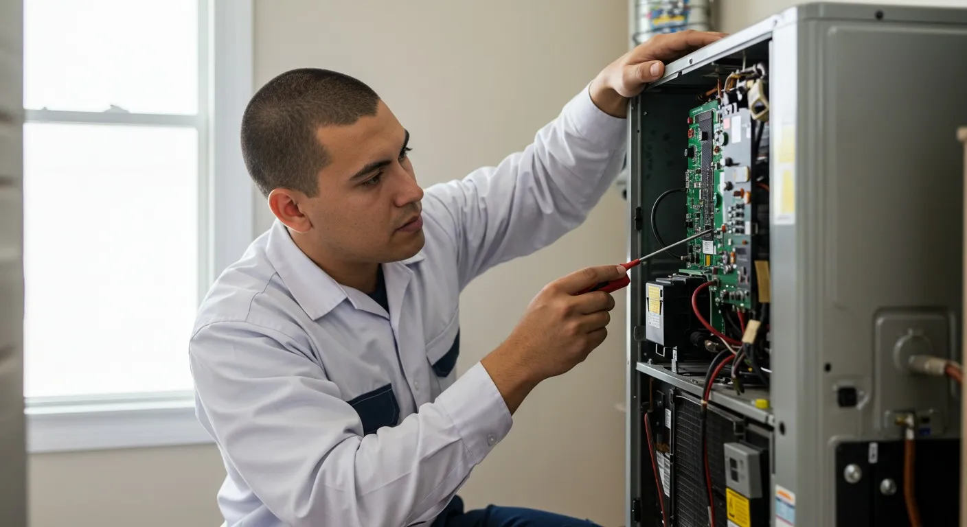 Technician repairs electrical circuit board indoors.