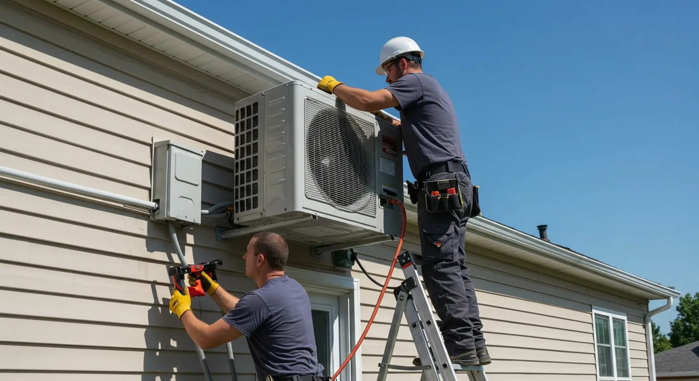 Technicians install outdoor AC unit on house.
