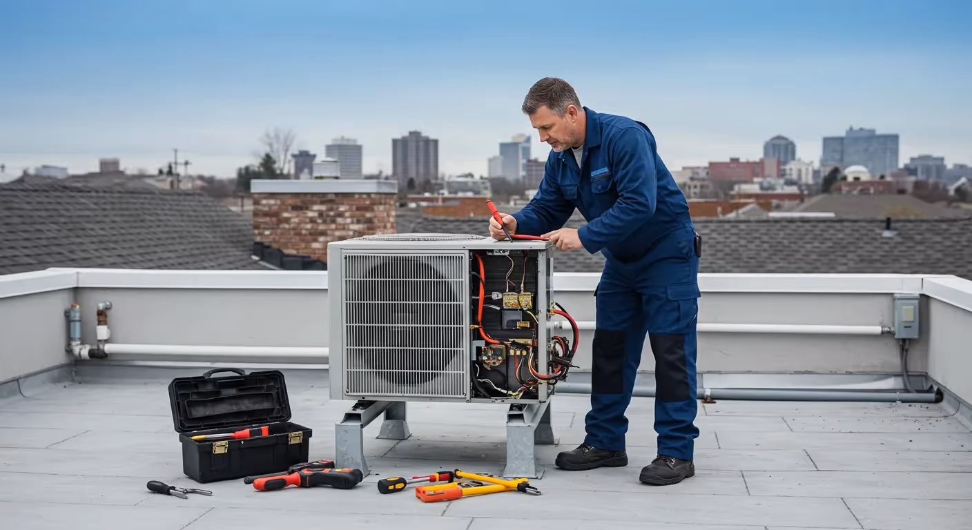 HVAC technicians install mini-split system outdoors.