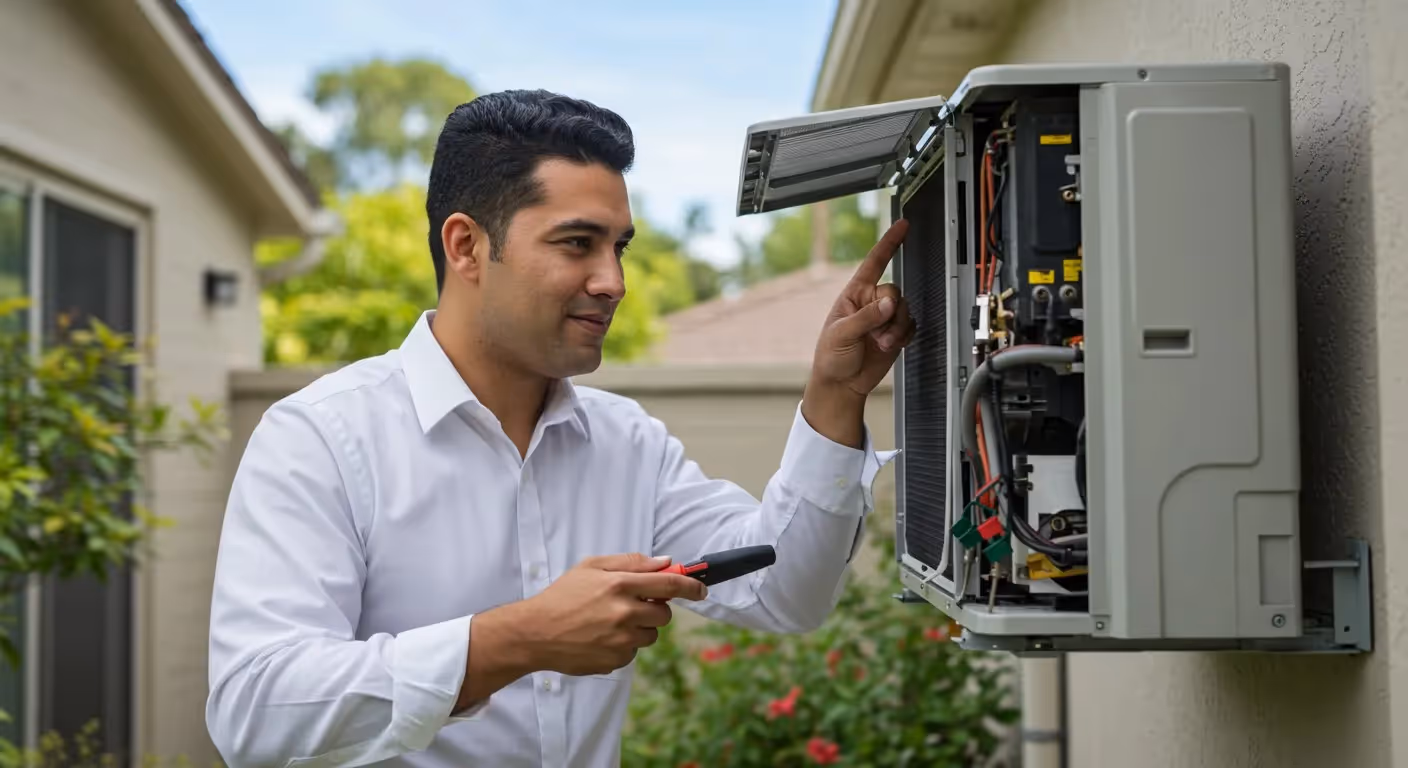 Young man smiling while checking mini-split.