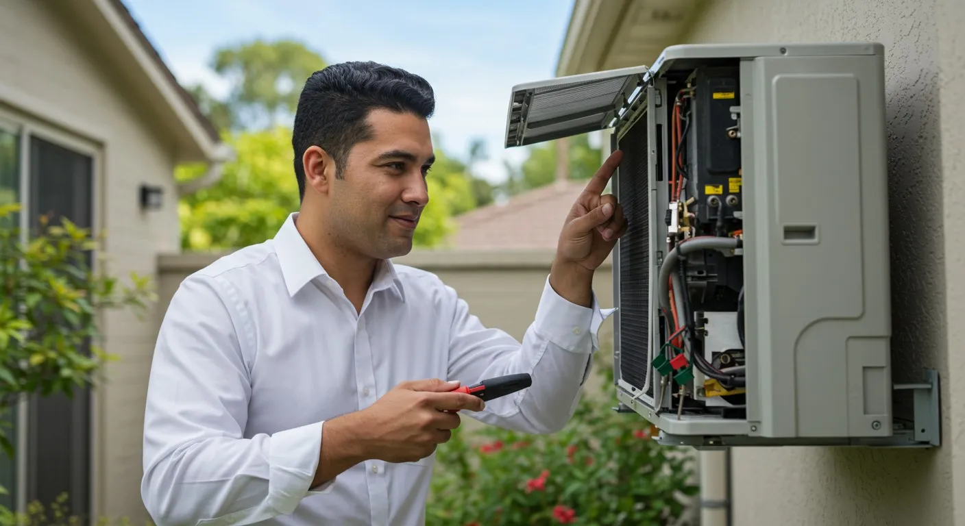 Young man smiling while checking mini-split.
