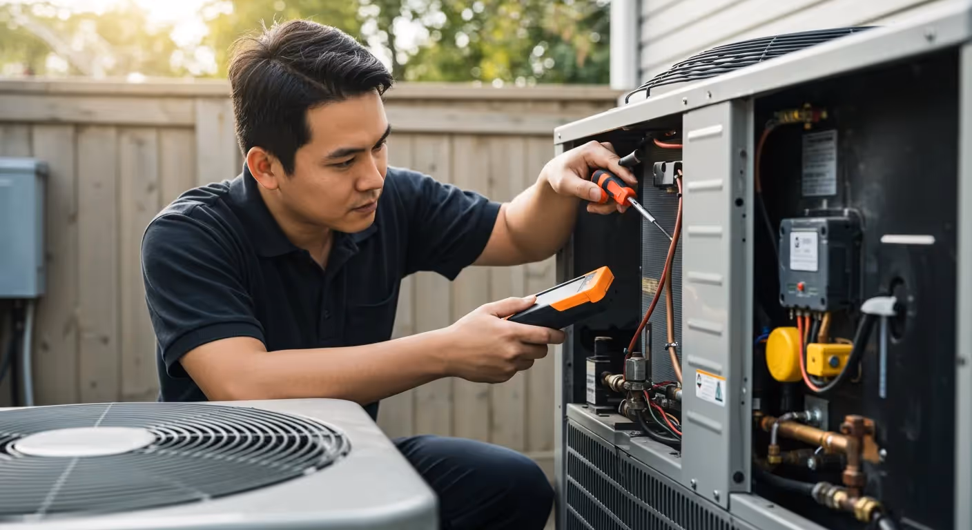 Technician checking outdoor heat pump unit.