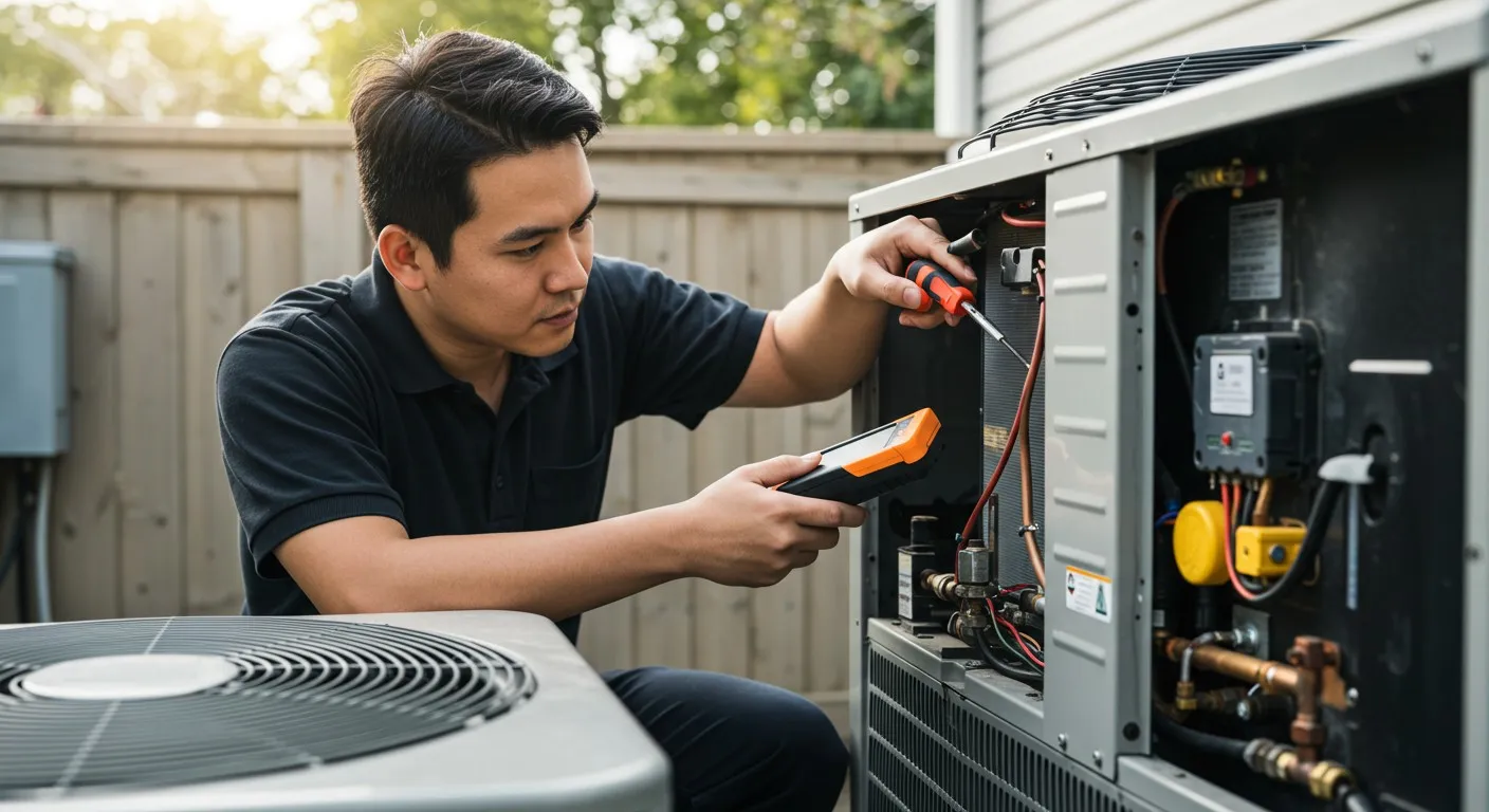 Technician checking outdoor heat pump unit.