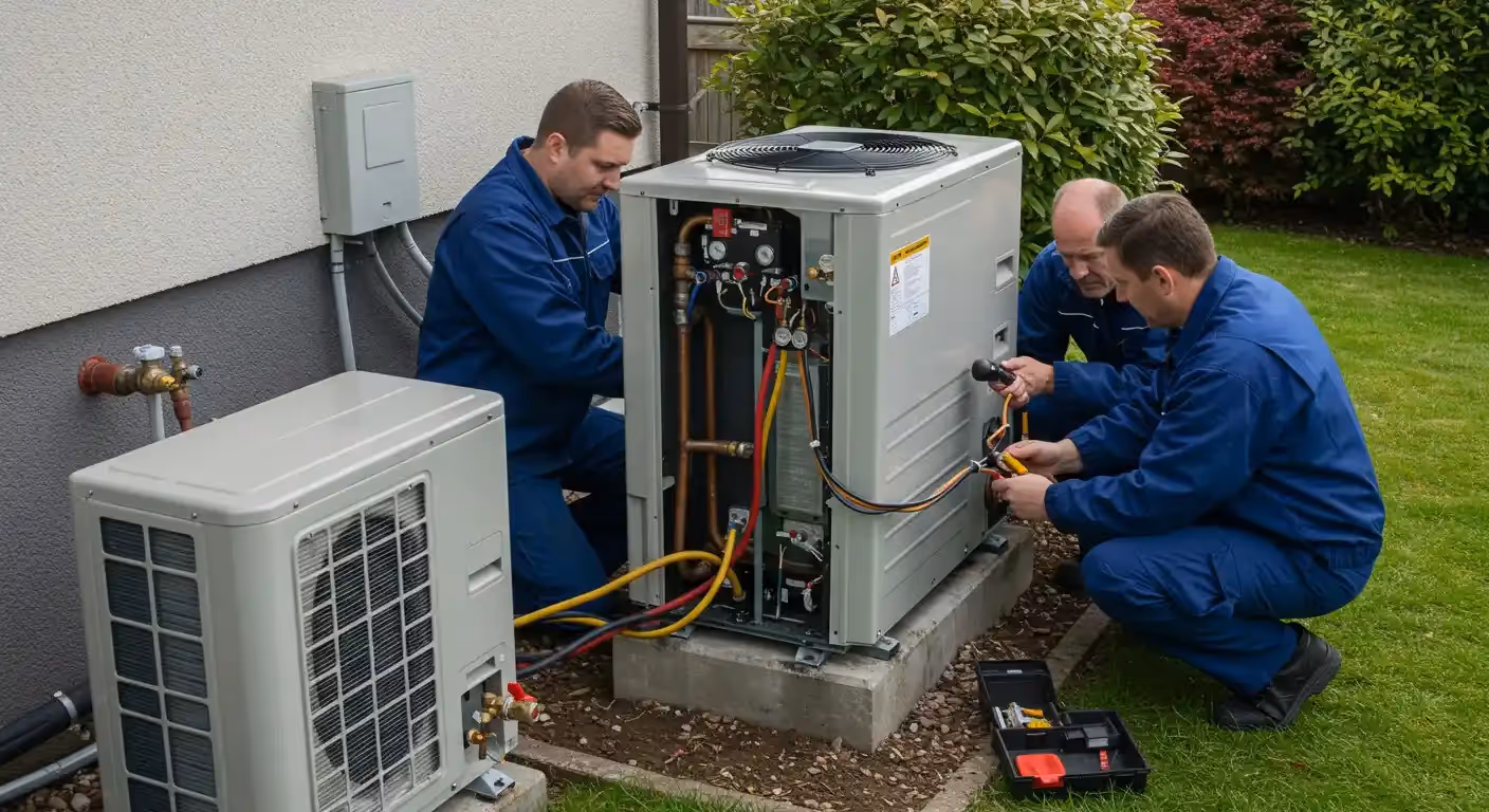 Three HVAC technicians installing outdoor HVAC unit.