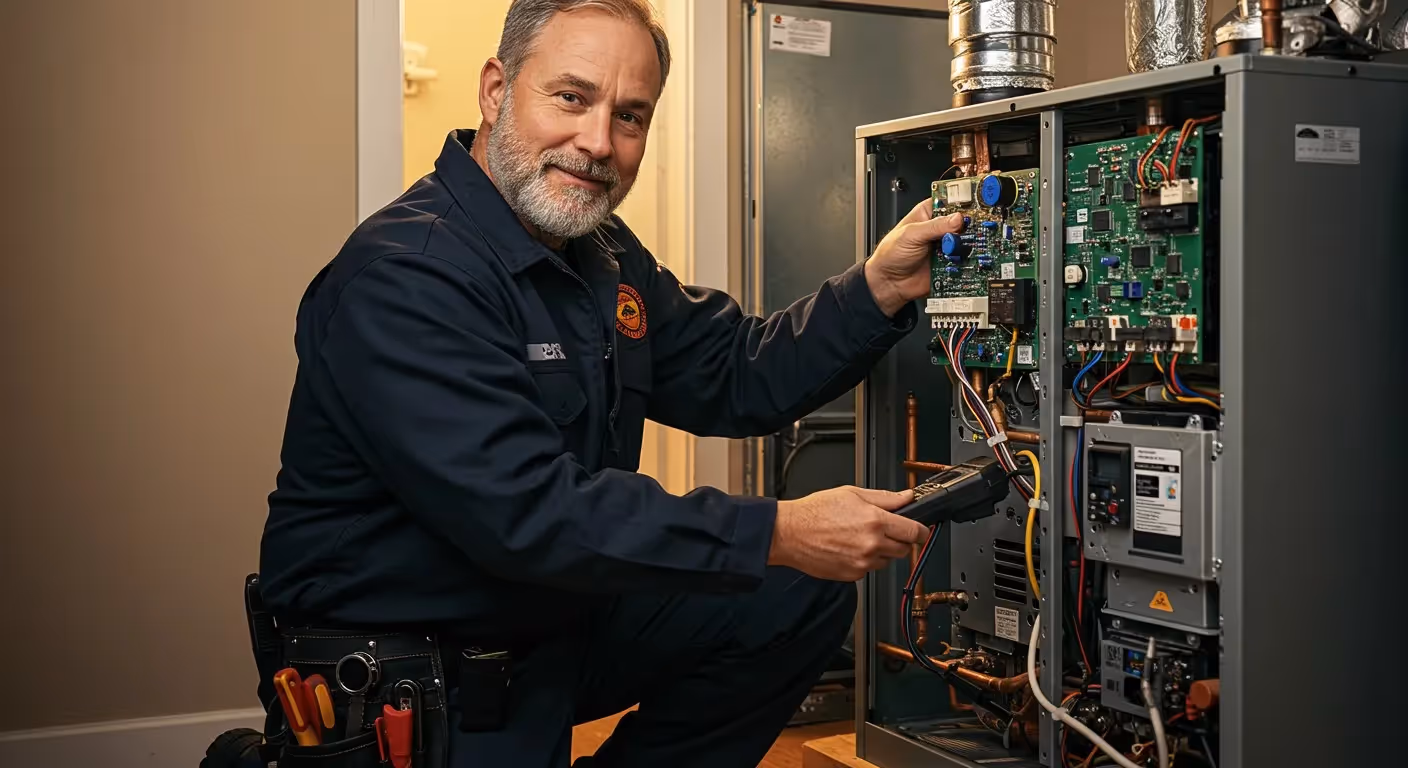 HVAC technician checking AC unit.