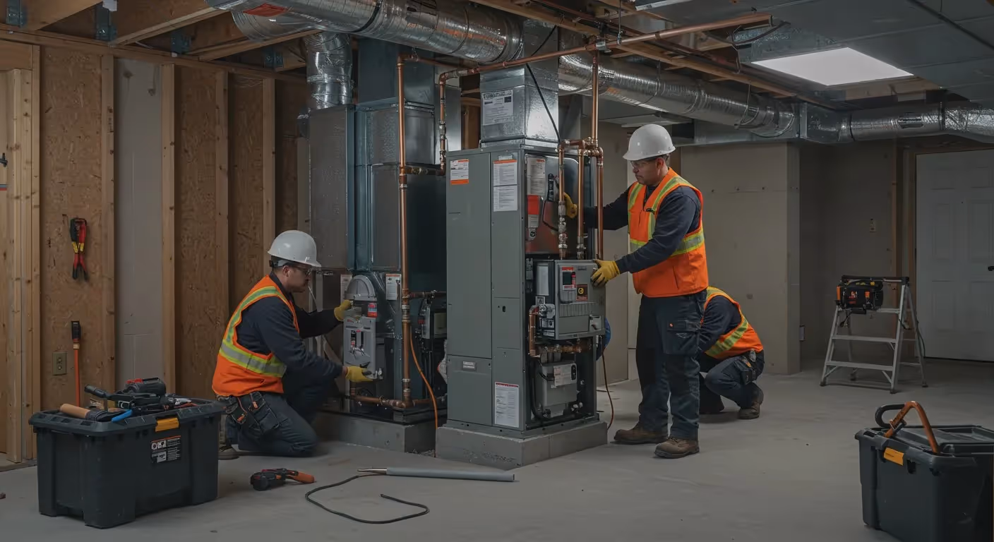 HVAC technicians installing heating unit in a basement.