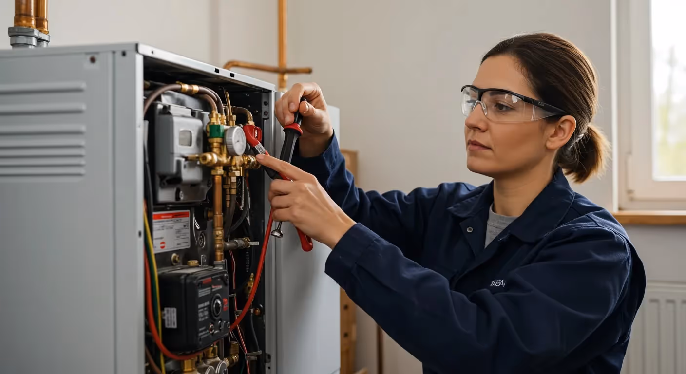 technician connecting wiring on a heating unit.