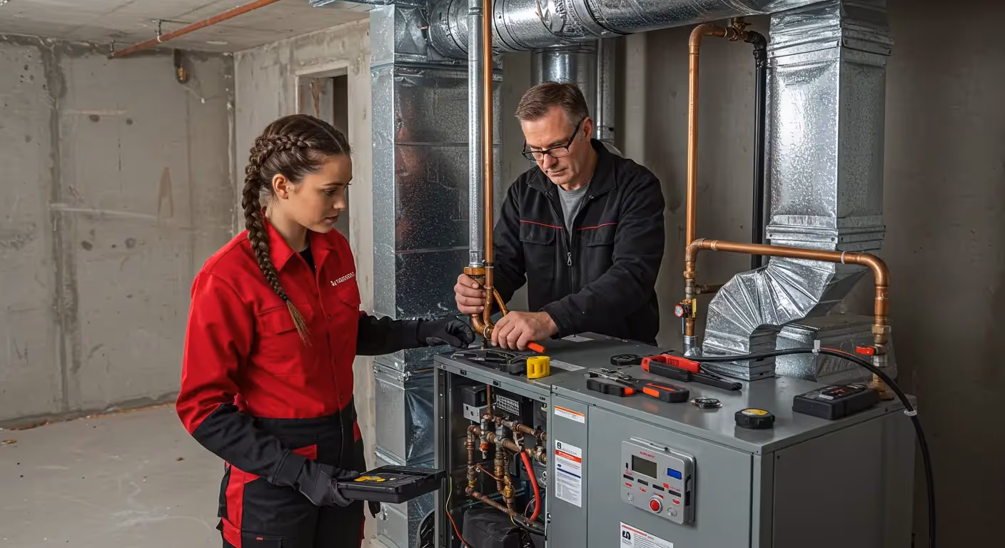 Man and woman checking heating system components.
