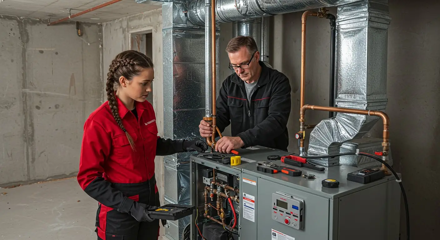 Man and woman checking heating system components.